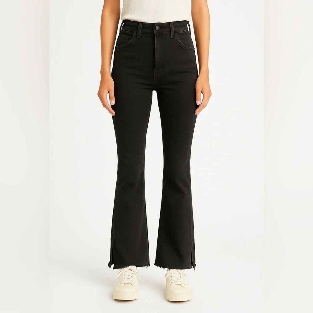 Free People We The Free High-Rise Utility Flare Side Slit Raw Hem Black 28